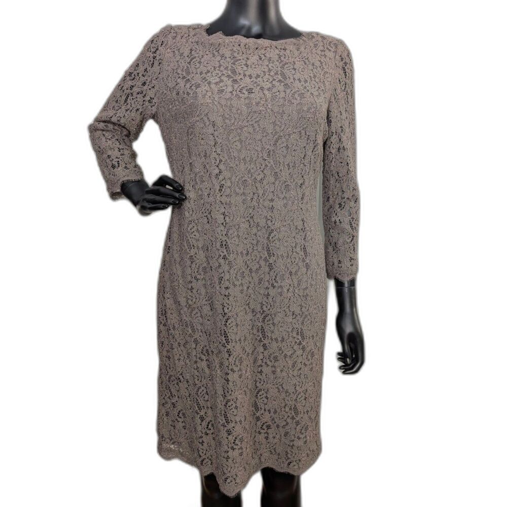 Adrianna Papell Lace Sheath Dress Taupe Front Zip Long Sleeve Sz 12